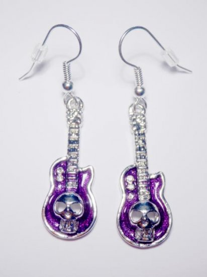 Guitar with Skull purple Earrings - Click Image to Close