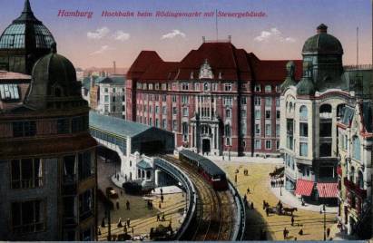 Hamburg, Hochbahn beim Rödlingsmarkt mit Steuergebäude - zum Schließen ins Bild klicken