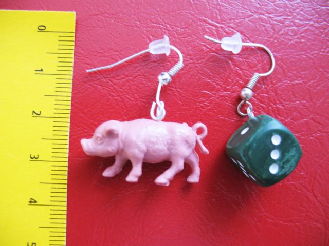 Piglet and Dice Earrings - Click Image to Close