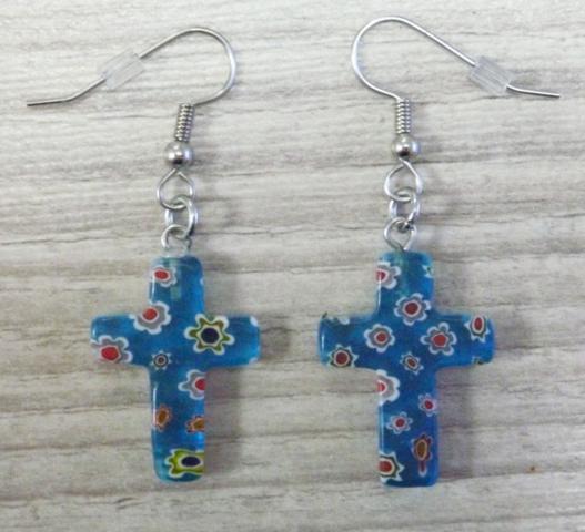 Crucifix lampwork Earrings blue - Click Image to Close