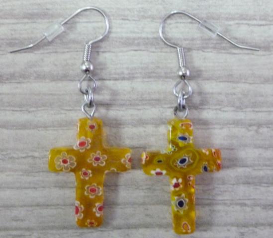 Crucifix lampwork Earrings yellow - Click Image to Close