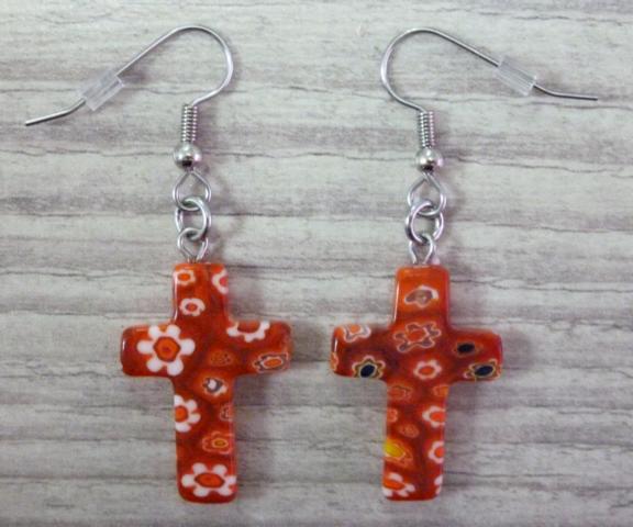 Crucifix lampwork Earrings orange - Click Image to Close