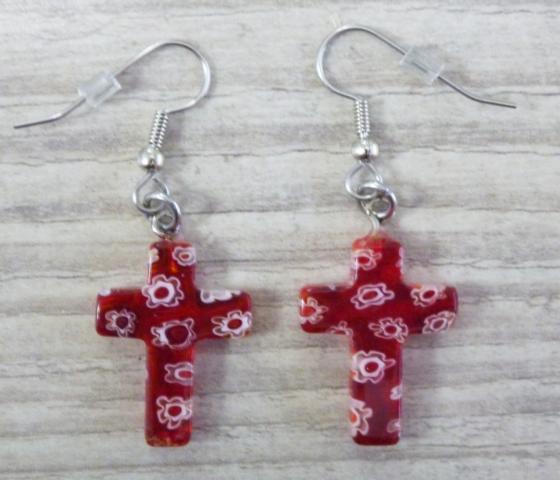 Crucifix lampwork Earrings red - Click Image to Close