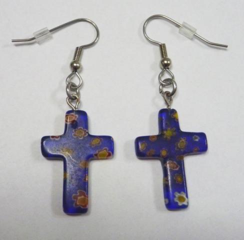 Crucifix lampwork Earrings dark blue - Click Image to Close